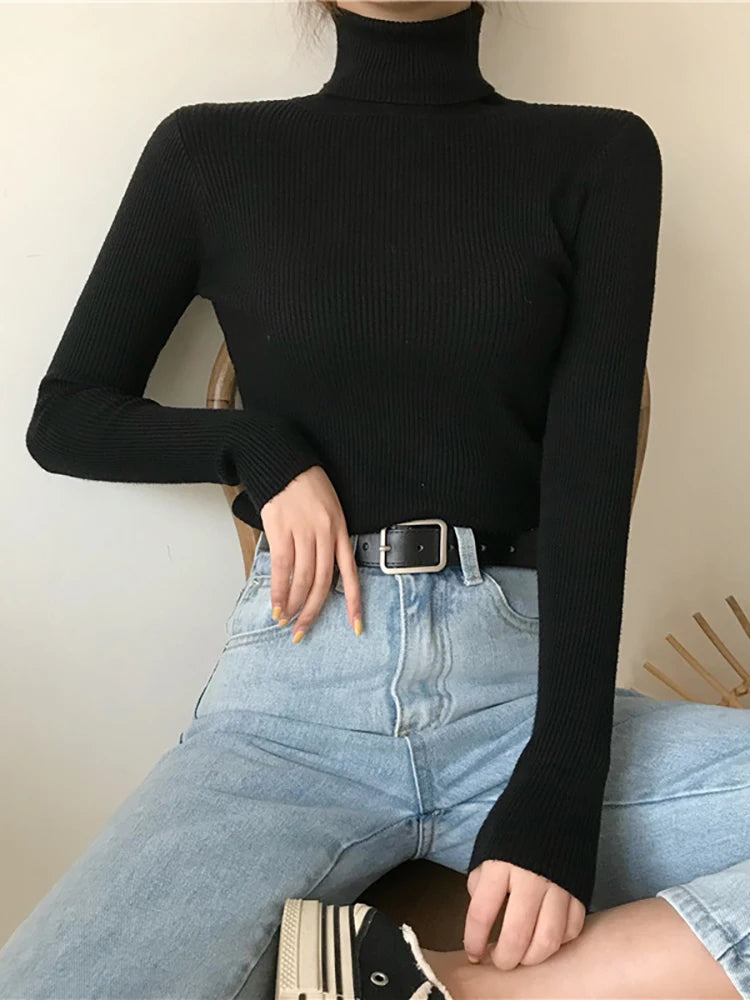 Women Autumn Winter Turtleneck Sweater Vintage Solid Basic Knitted Tops Casual Slim Pullover Korean Fashion Simple Chic Jumpers