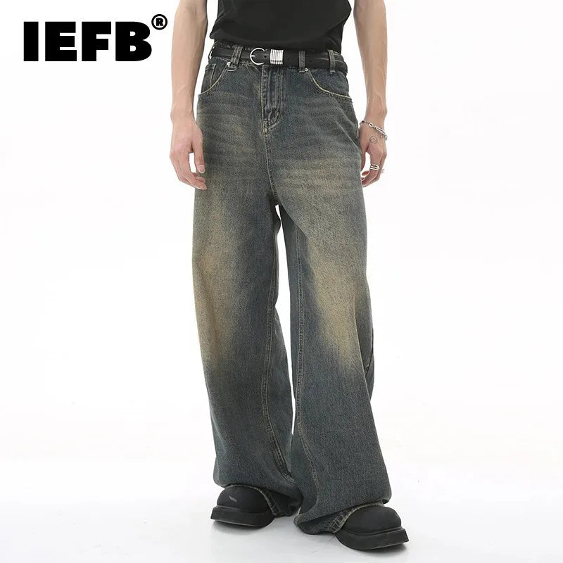 IEFB Summer Men's Denim Pants Old Blue Washed Male Jeans Straight Casual Menwear Loose Wide Leg Trousers New Fashion