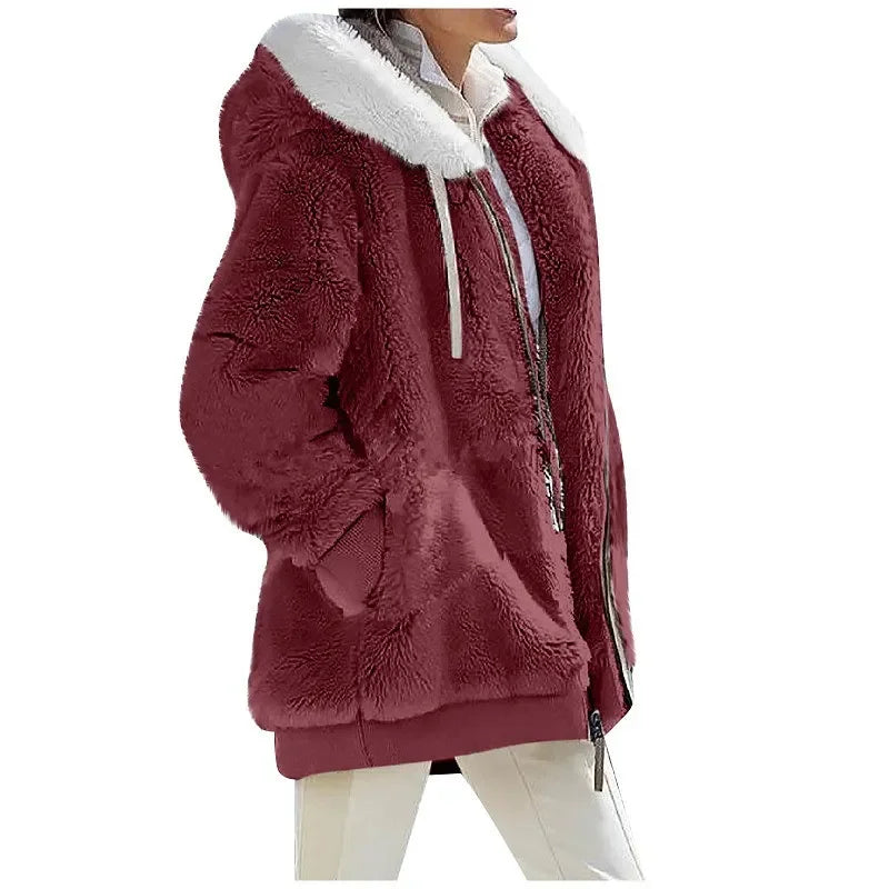 Autumn Winter Fashion Women's Coat New Casual Hooded Zipper Lady Clothes Cashmere Female Fleece Jacket Solid Color Ladies Coats