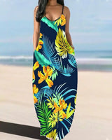 2024 Summer New Women's Minimalist Korean Spliced Sling Elegant Chic Printed Loose Sleeveless Comfortable Casual Long Dress