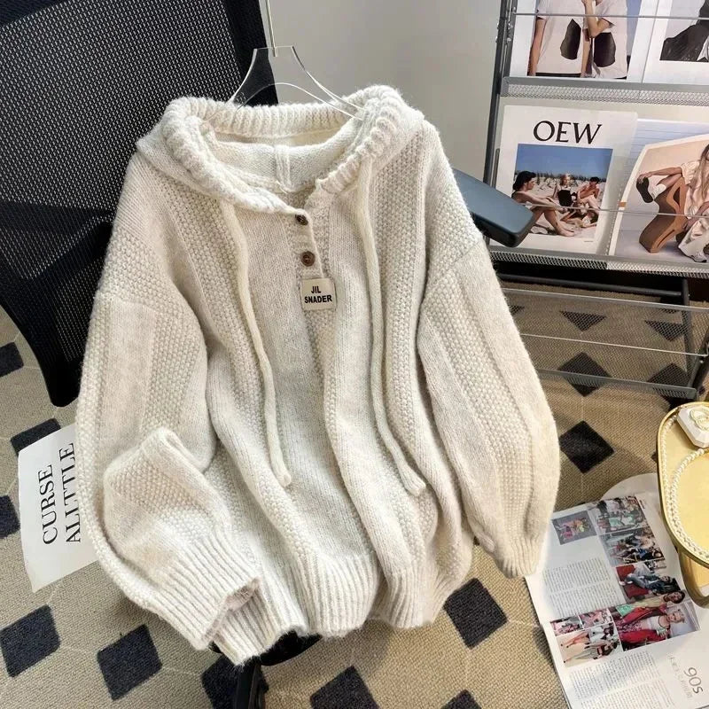 Korean Knitted Hooded Sweater Women Fall Winter Long Sleeved Warm Buttons Loose Pullover Solid Harajuku Lazy Sprots Sweatshirt