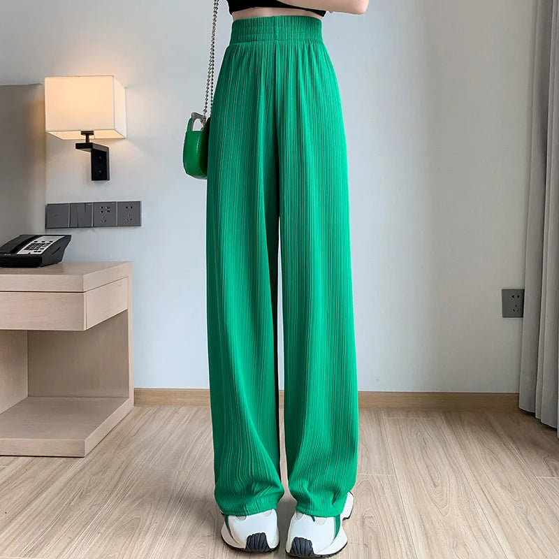 Spring Summer Ice Silk Wide Leg Pants for Women Korean Thin Chiffon High Waist Saggy Loose Straight Casual Fashion Trousers