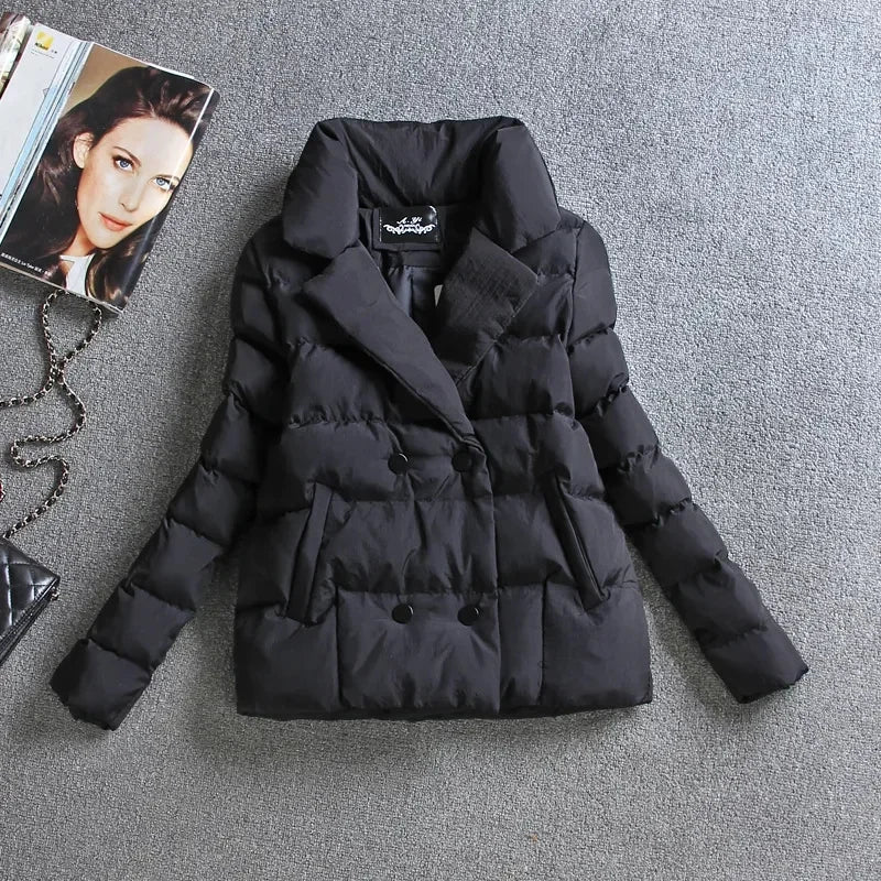 Women Down Cotton Jacket Winter Short Coat Thicken Outerwear Turndown Collar Double-breasted Warm Tops Female Slim Cotton Jacket