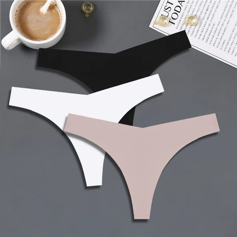 FINETOO 3PCS Women Ice Silk Seamless Underpants Panties Sexy V-Waist Sport Thongs Low Rise 10 Soild Colours Breathable G-string