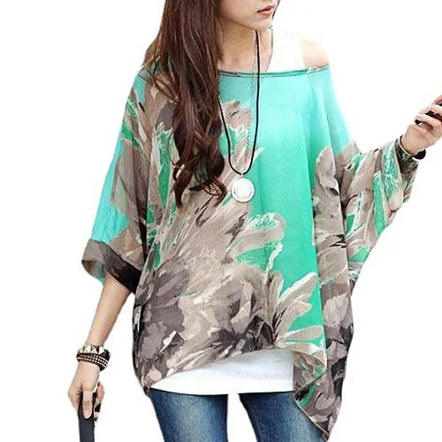 4XL 5XL 6XL Plus Size Blouse Shirt Women New Striped Print Summer Tops Tees Batwing Sleeve Casual Chiffon Blouses