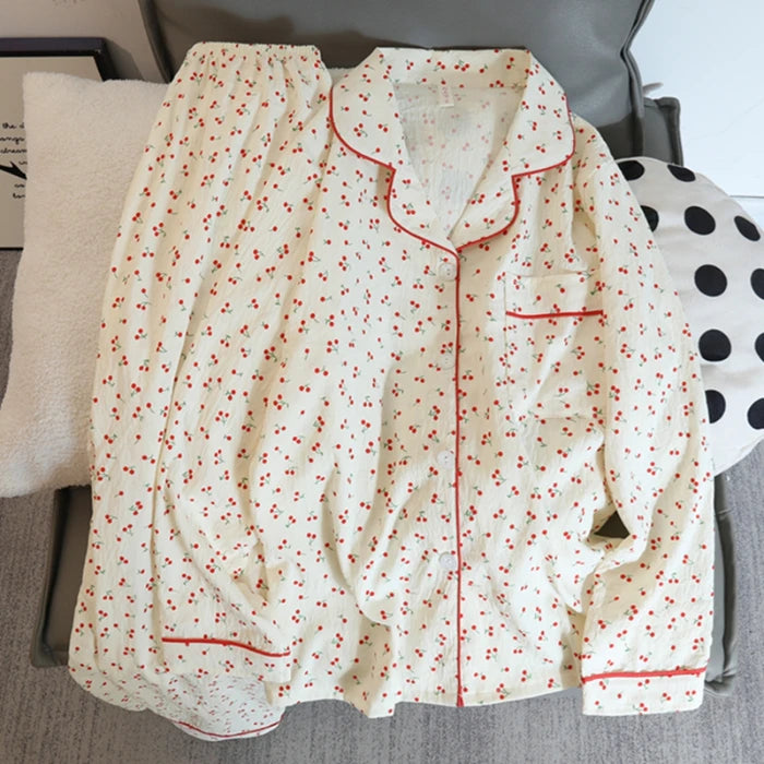 New Autumn Cherries Pajama Sets for Women Faux Cotton Outfits for Women Soft Lapel Cardigan 2 Piece Set Sweet Cute Women Pajama