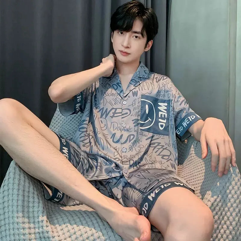 Men's Two-Piece Pajamas Summer New Ice Silk Men's Pajamas Short-Sleeved Shorts Thin Section Of The Student Teenage Homewear Suit