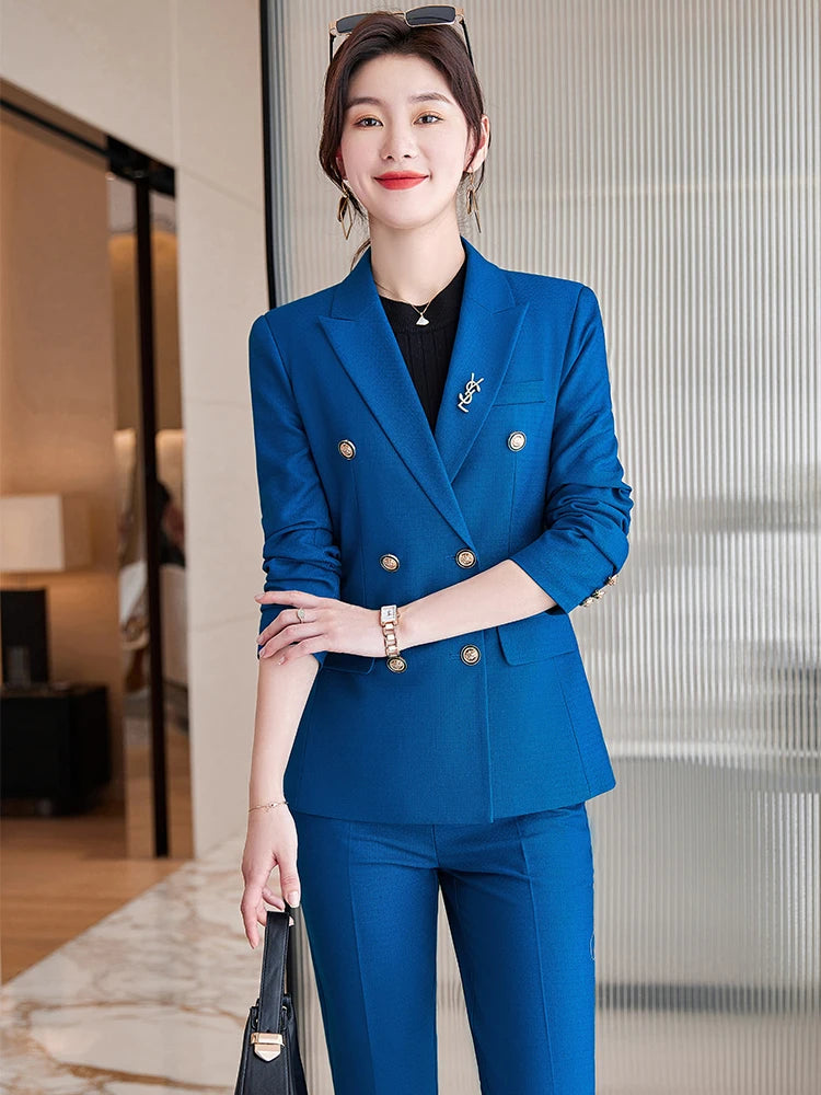 High Quality Women Navy Blue Black Pant Suit Female Button Decoration Blazer and Trouser 2 Piece Set For Office Ladies Work Wear