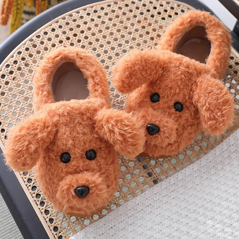 Comwarm Cute Dog Short Plush Slippers For Women Winter Warm Furry Cotton Shoes Couples Home Indoor Bedroom Cozy Slippers