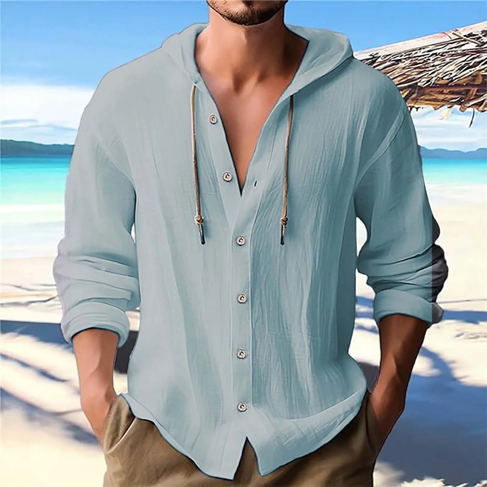 Men's Solid Color Casual Long Sleeved Shirt With Hood And Drawstring Cotton And Linen Cardigan Fashionable Daily Versatile Top