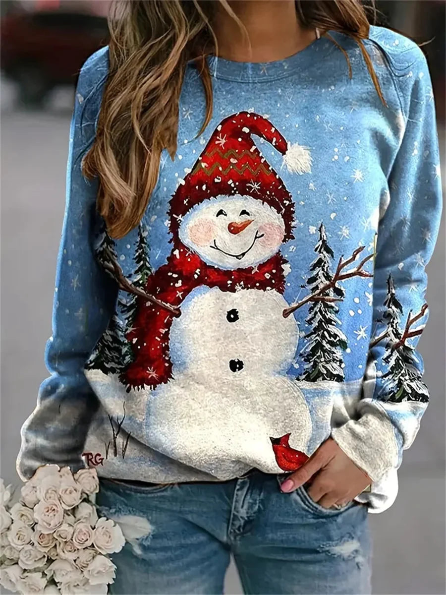 Christmas snowman print autumn and winter women's long-sleeved round neck casual pullover large size sweatshirt