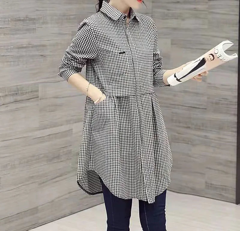 All-match Button Solid Midi Autumn Blouse for Female Korean Fashion Spliced Shirt Loose Long Sleeve Winter Polo-Neck Shirt