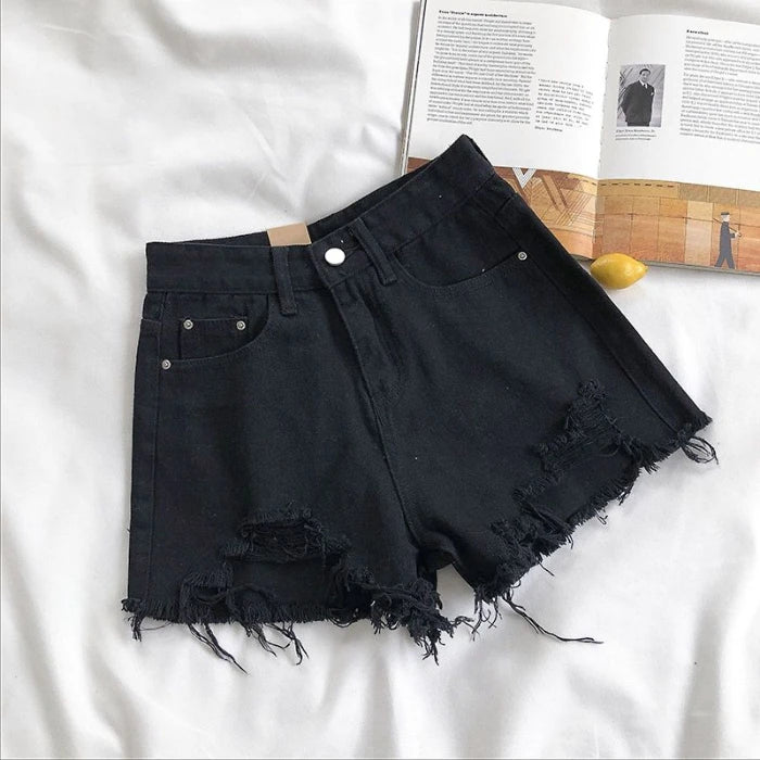 Summer Korean Women's Cowboy Shorts High Waist Casual Blue Denim Shorts Pocket Tassel Perforated Fashion Shorts Y2K Female Jeans