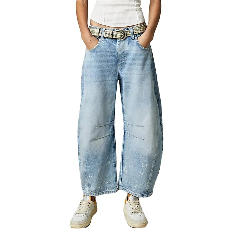 Midiross High Stretch Mid-Rise Barrel Jeans Fashion wide Leg Shape Women Casual Baggy Mid Waist Denim Jeans