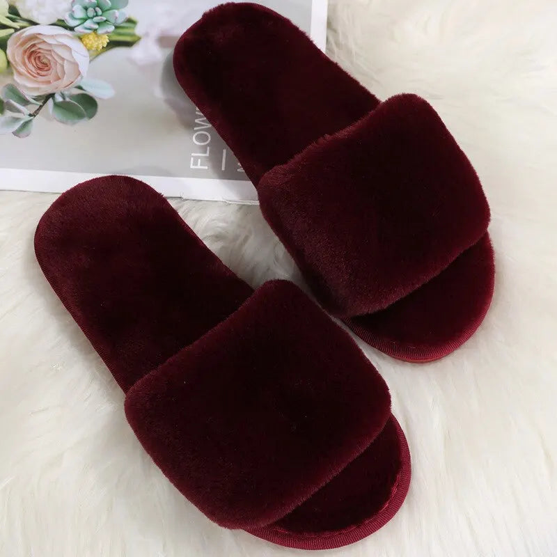 Winter Women Winter House Furry Slippers Non-Slip Casual Indoor Flats Floor Shoes Ladies Flip Flops Warm Shoes Solid Colors