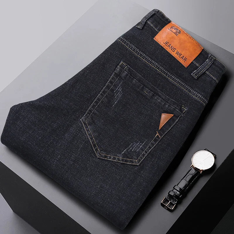 NEW Men's Fashion Business Jeans Classic Style Casual Stretch Slim Jean Pants Male Brand Denim Trousers Black Blue