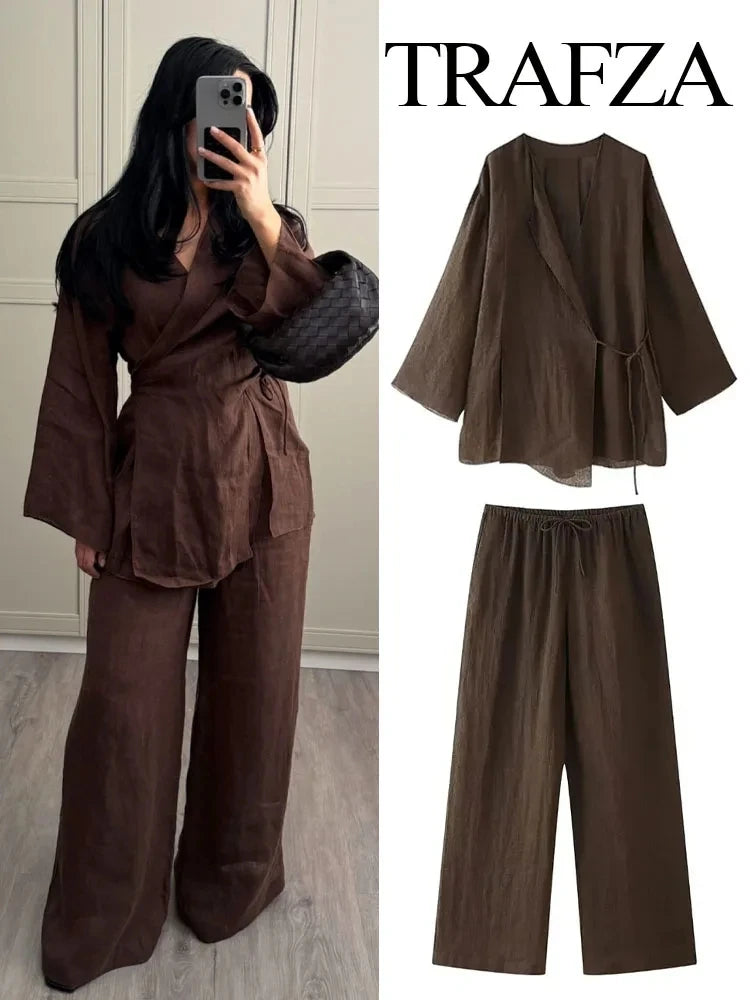 TRAFZA Women's Summer Fashion Linen Solid Color Shirt Set Belted Cardigan Kimono Top + High Waist Women's Pleated Pants 2-piece