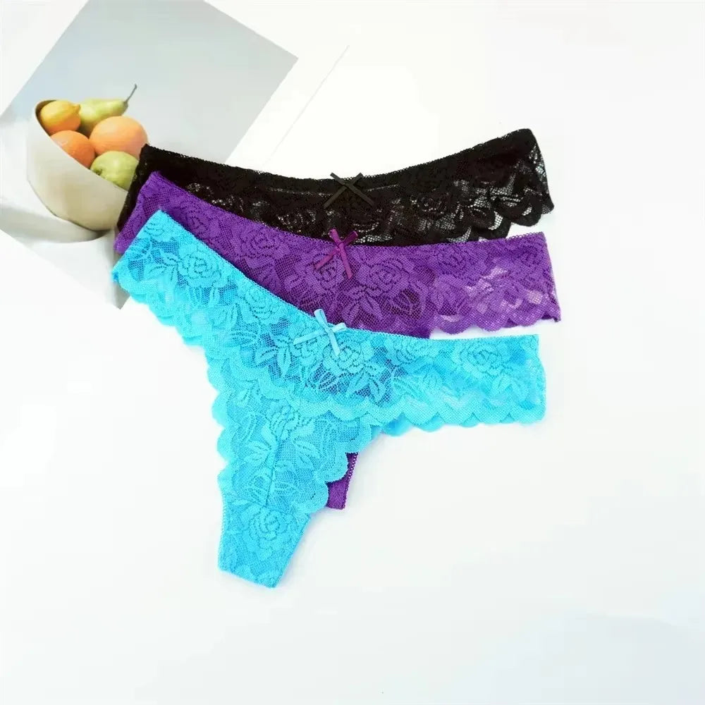 3PC Free Shipping Ladies Thong Sexy Low Waist Lace Panties Transparent G-string Underwear Hot Girl Erotic Panty