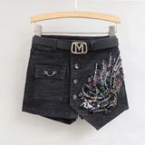 Fashion Sequin Denim Short Skirt Women Spring/Summer New Korean High Waist Slim Irregular Sexy Hot Pants White Black Casual