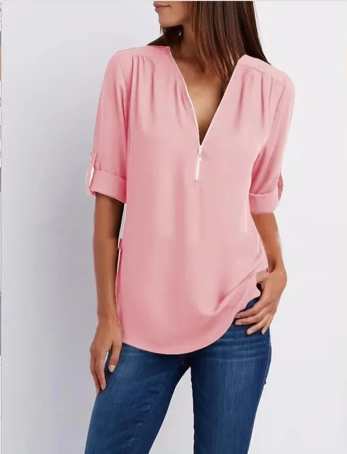 Hot Sale Women Cool Loose Shirt Deep V Neck Chiffon Fashion Blouse Casual Ladies Tops Sexy Zipper Pullover Plus Size