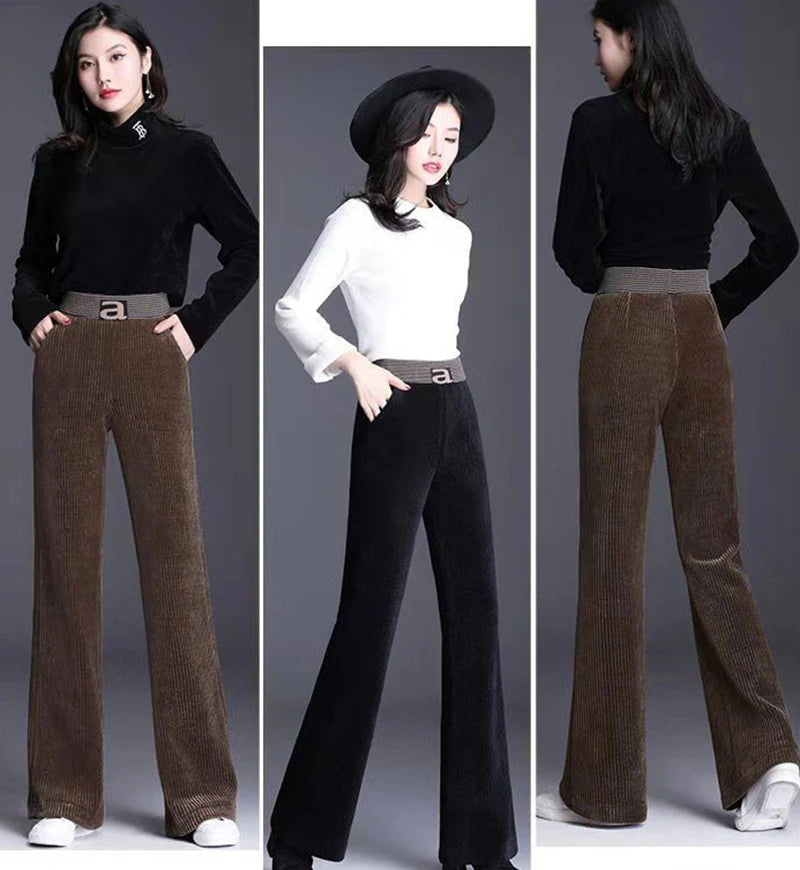 Rimocy Elastic Waist Corduroy Pants Women Autumn Winter Straight Velvet Pants Woman  Pocket Loose Casual Trousers Ladies