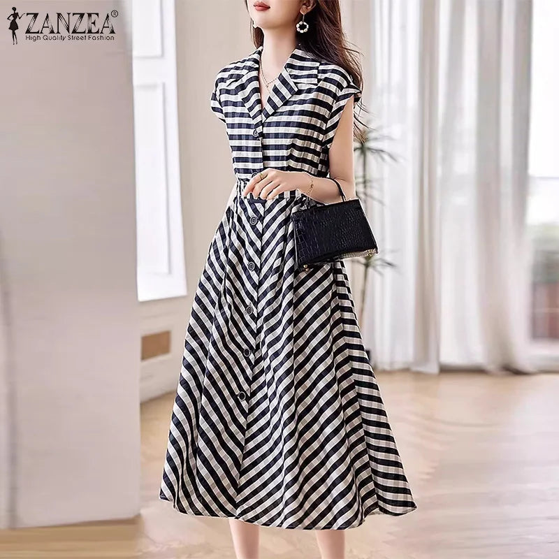 Fashion Office Stripes Shirt Dress Women Korean Work A-line Midi Dress Summer Elegant Lapel Collect Waist Vestidos