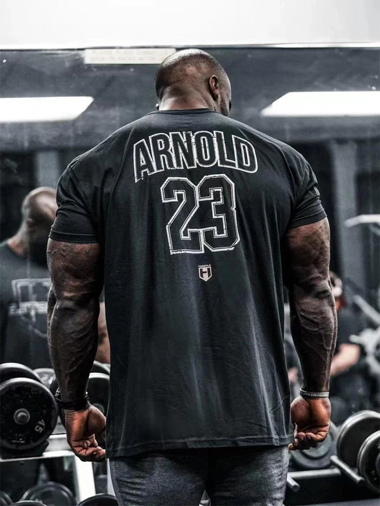 HOSSTILE Short Sleeved Fitness American Loose Muscle Tough Guy Top Breathable Sports Arnold Classic T-shirt