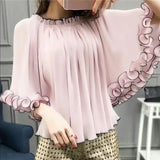 Women's Bat Sleeve Party Blouse Korean Ruffle Patchwork Tops Vintage Elastic Round Neckline Tunic Casual Summer Blusas