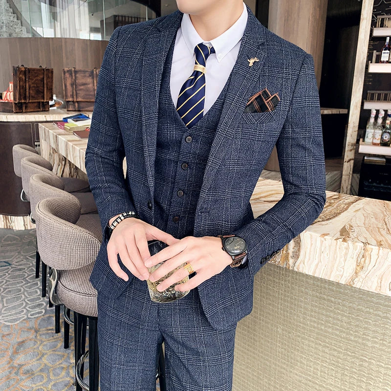 High Quality British Korean Modified Plaid Men (suit + Vest + Trousers) Stylish and Handsome Business Casual Three-piece Suit