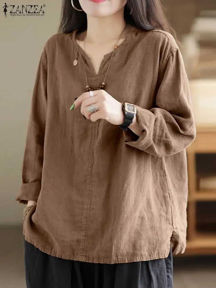 Vintage Women's Blouse Autumn Long Sleeve Shirt Female V Neck Work Holiday Blusas Casual Solid Loose Shirt Cotton Chemise