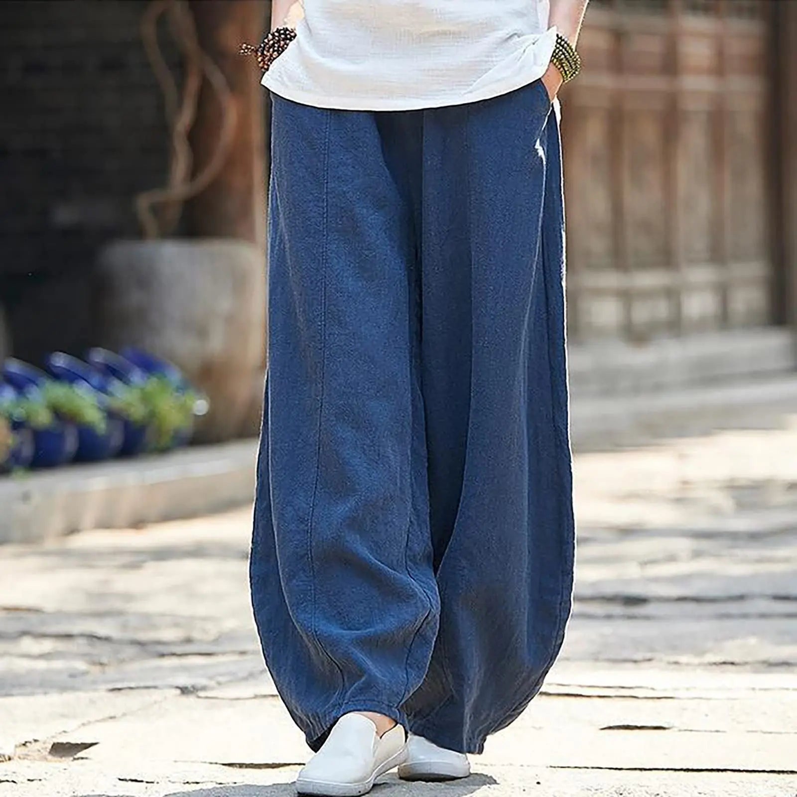 Spring Summer Cotton Linen Style Bloomers Wide Leg Pants Women Vintage Full Length Elegant Pants Solid Elastic Waist S-5XL