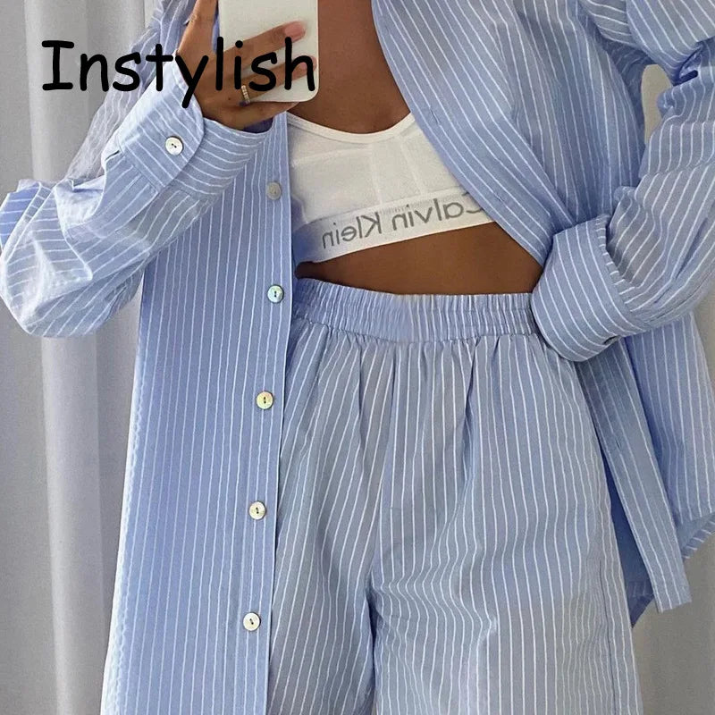 Elegant Striped Shirt Two Pieces Sets Causal Cotton High Wasit Shorts Simple Chic Women Suits Tracksuit Summer Blouse Outfits