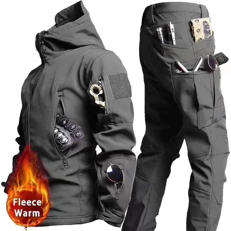 Tactical Winter Set Men's Outdoor Windproof Waterproof Suit Multi-Pocket Soft Shell Hooded Jackets Sharkskin Work Pants