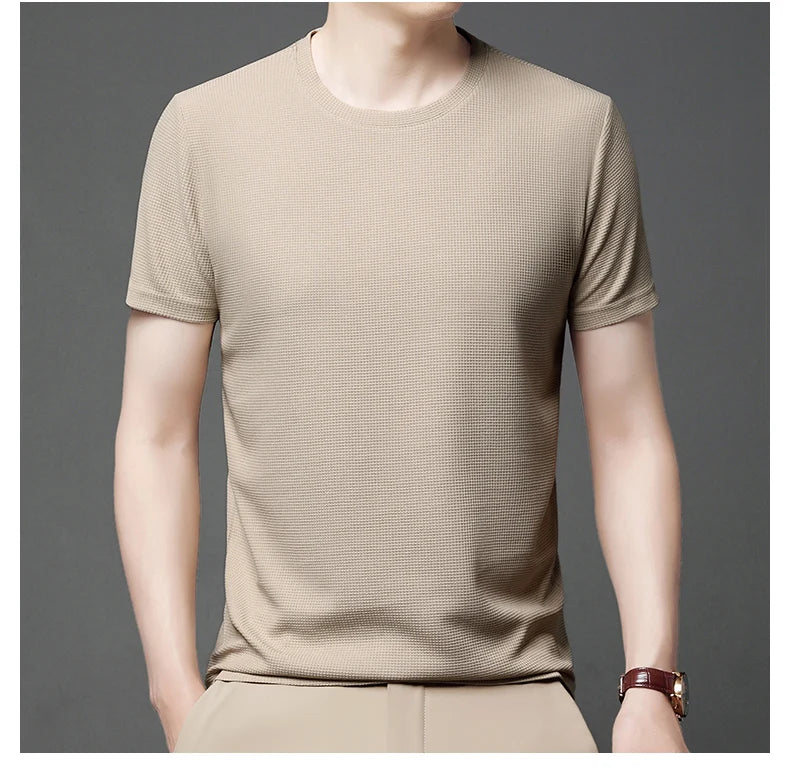 Men's New Summer Waffle round Neck Short Sleeve T-Shirt Comfortable Breathable Short-Sleeved Top for Casual Wear