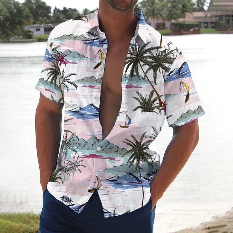 Retro Men's Shirt Coconut Tree Print Short Sleeve Shirts Beach Casual Man Clothing Loose Oversized Hawaiian Shirts For Men