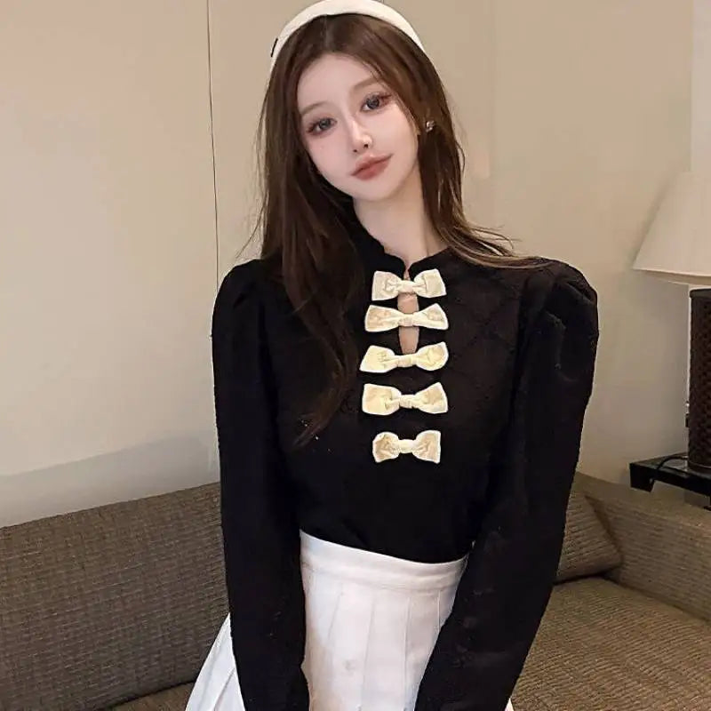 Women's shirt French bow design sense small long sleeve shirt spring and autumn new slim lace top