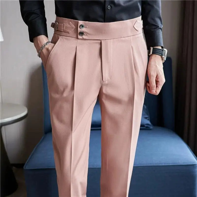 British Style Men High Waist Casual Dress Pant Men Belt Design Slim Trousers Formal Office Social Wedding Party Dress Suit Pants