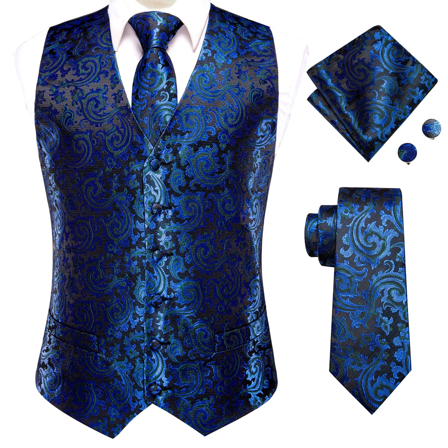 Wedding Purple Silk Men Vest Paisley Slim Fit Necktie Hankerchief Cufflinks Sets Male Sleeveless V-Neck Waistcoat Party Hi-Tie