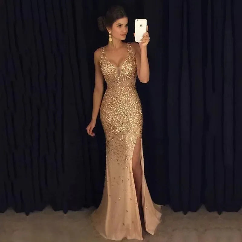 2024 Autumn Winter New European American Cross-border Amazon Side Slit Gold-embellished Long Evening Dress Sleeveless