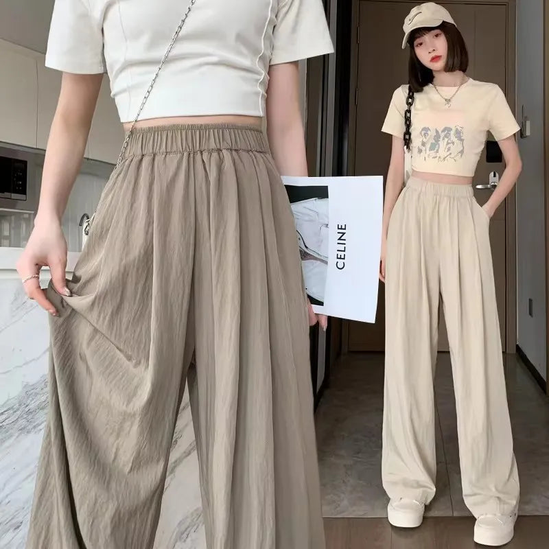 Ice Silk Wide-leg Pants for Women in Summer Thin High Waist Drape Loose Lazy Style Large Size Straight Casual Women's Pants