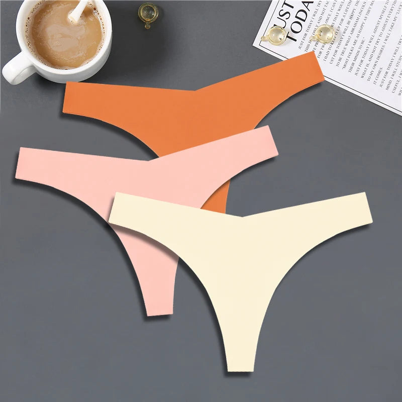 FINETOO 3PCS Women Ice Silk Seamless Underpants Panties Sexy V-Waist Sport Thongs Low Rise 10 Soild Colours Breathable G-string