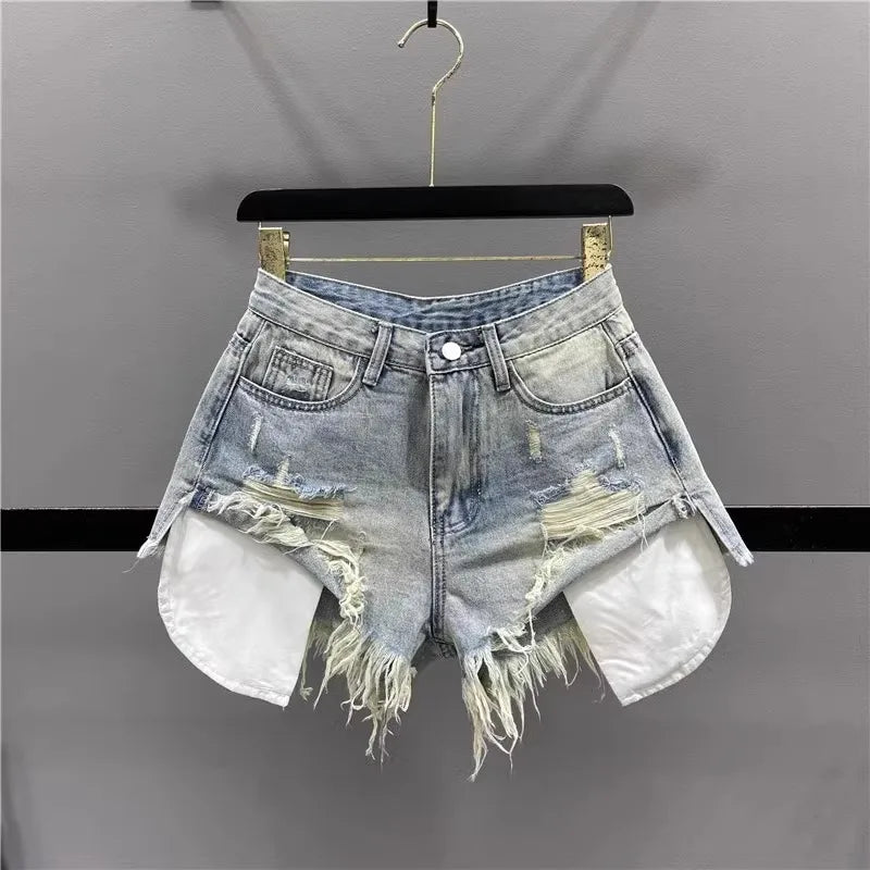 Vintage Blue Sexy Ripped Jeans for Women Patchwork A-line High-waisted Denim Ultra Shorts