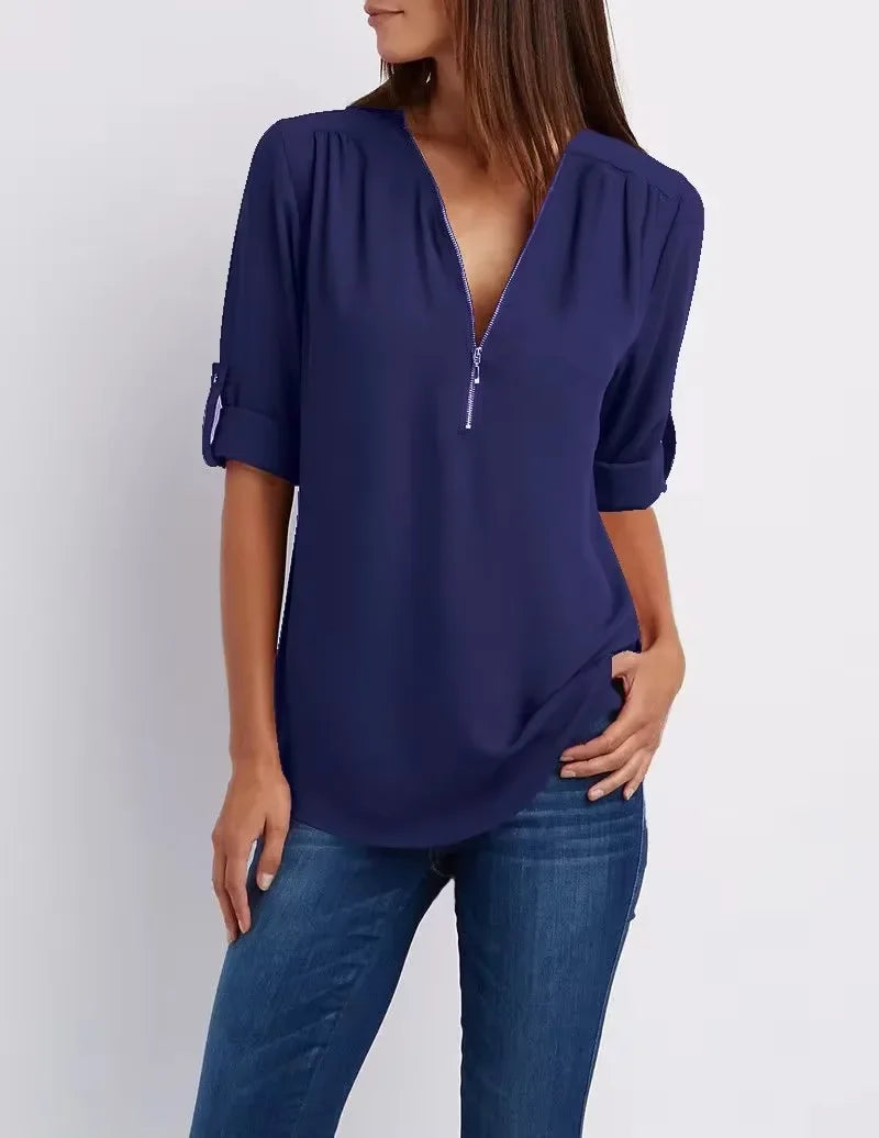 Hot Sale Women Cool Loose Shirt Deep V Neck Chiffon Fashion Blouse Casual Ladies Tops Sexy Zipper Pullover Plus Size