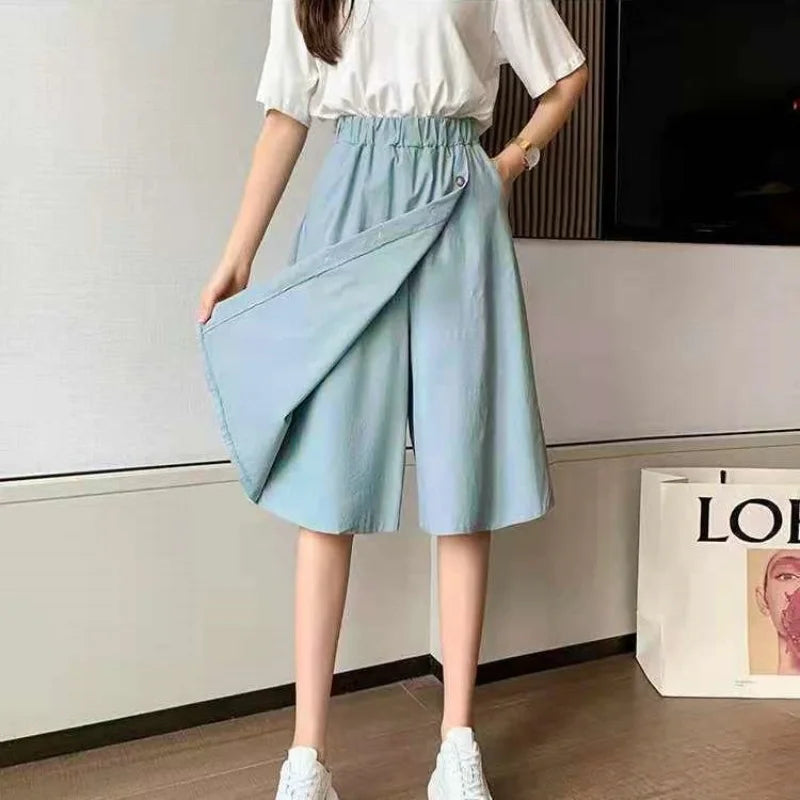 Women High Waist Irregular Knee Length Skirt Pants Office Lady's All-Match Loose Oversize Button Pockets Wide Leg Pants Elegant