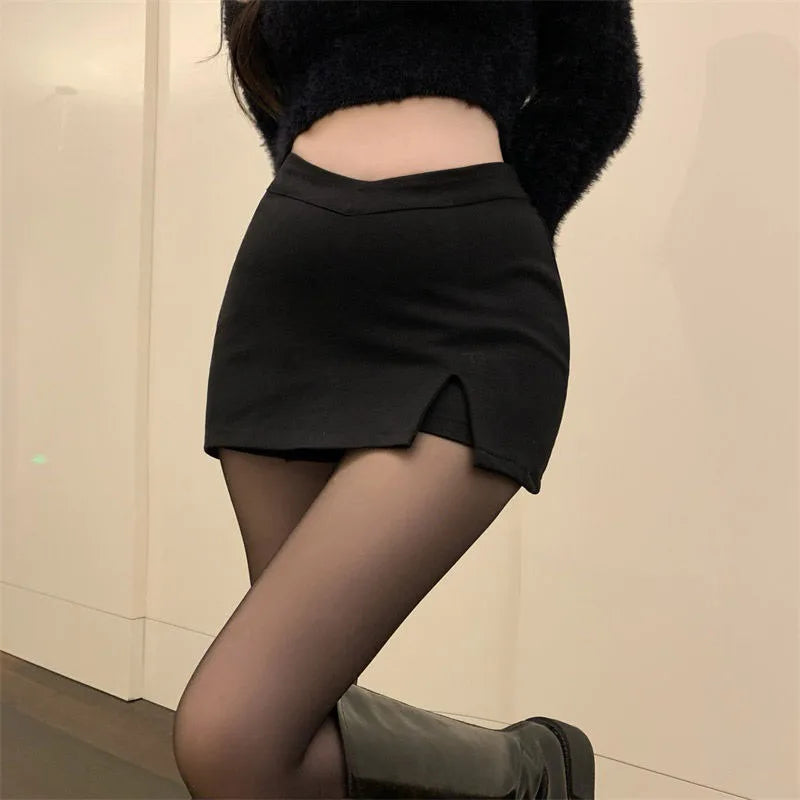 Gidyq Women Sexy Split Shorts Skirt Summer Korean High Waist Office Ladies Mini Skirt Fashion Casual Black A Line Skirts