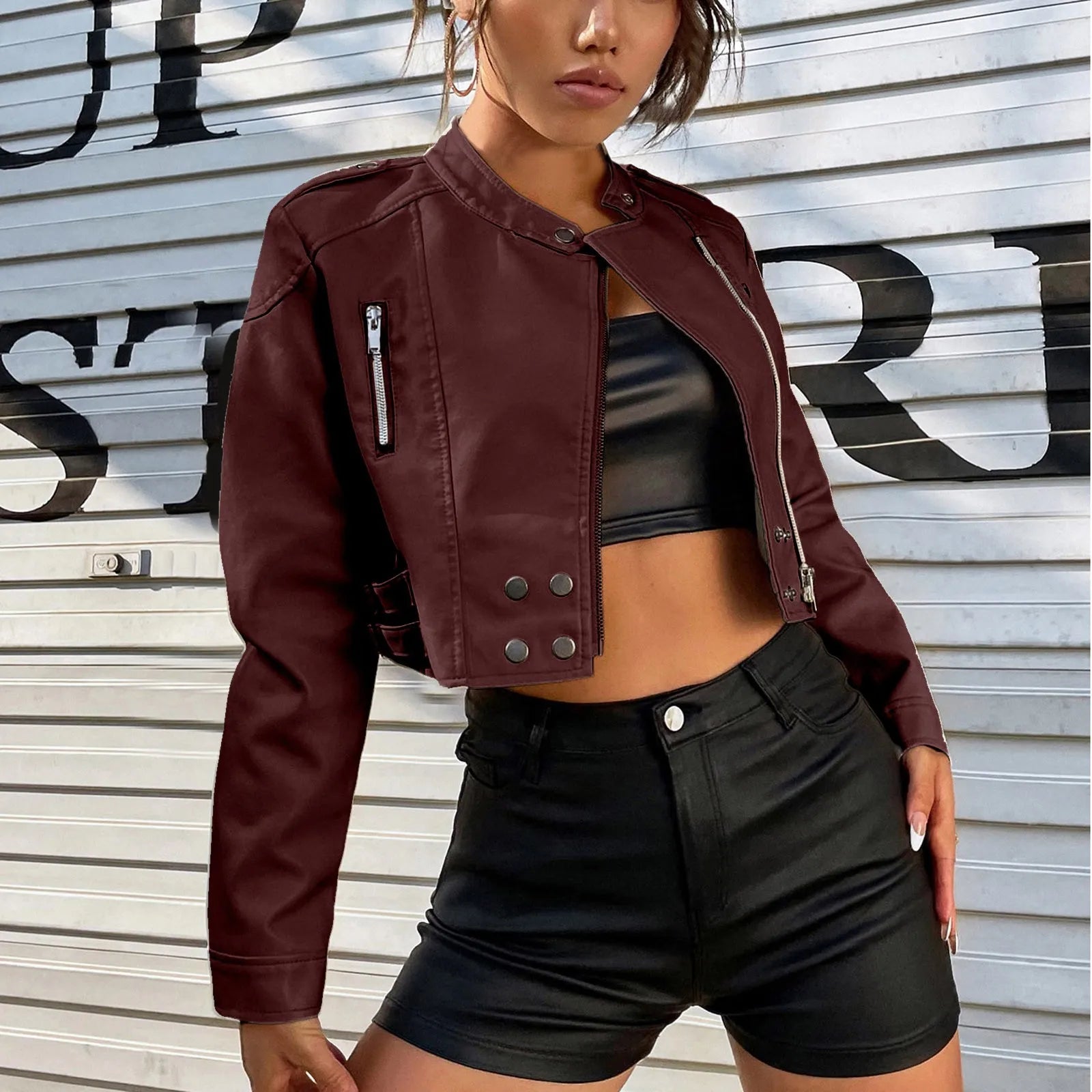 Jackets For Women Woman Clothing Zip Up Outerwear Women Faux Leather Jackets Stcollar Short Coats Punk Style Ladies Top Fall