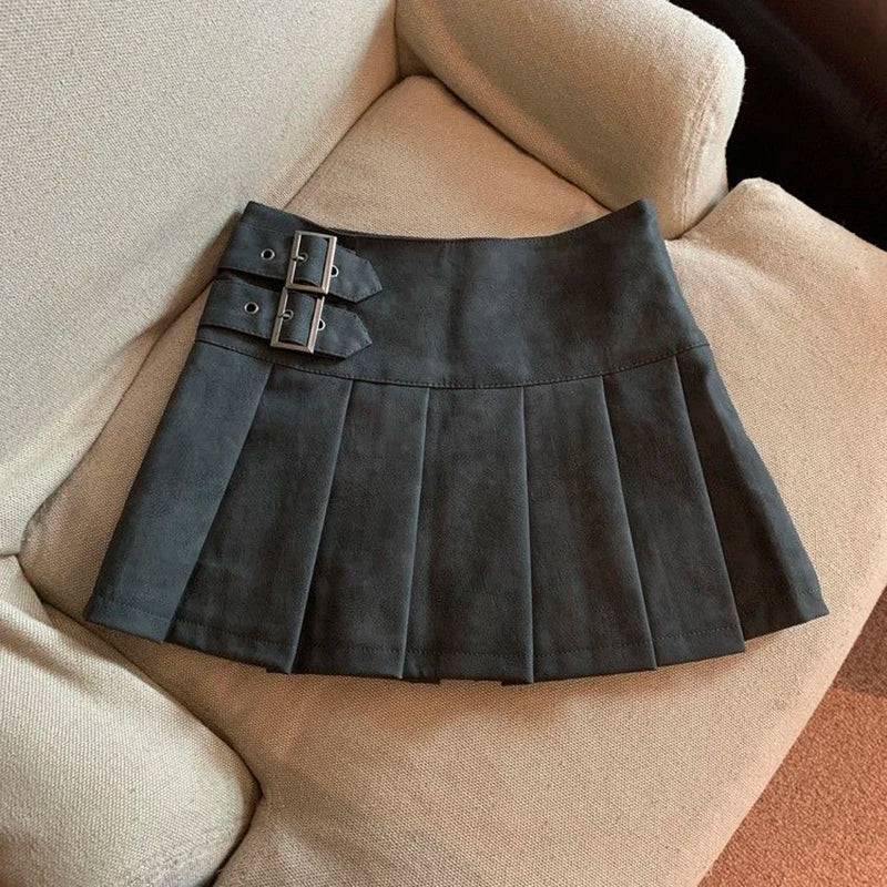 Leather Mini Skirts Women Streetwear High Waist Pleated Skirt Vintage Korean Black Slim Casual A Line Skirts