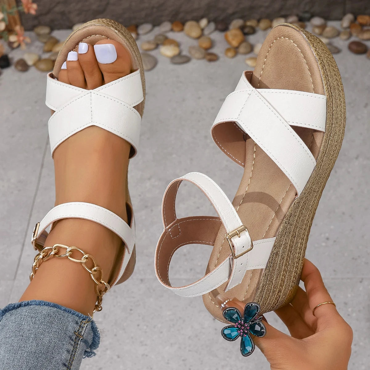 Women's White Chunky Platform Sandals Summer Buckle Strap Wedge Sandals for Woman Thick Sole Non Slip Beach Sandalias Mujer