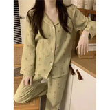 New Women Sweet Pyjamas Sets Ladies Long Sleeve Green Casual Sleepwear Pajamas Set Women Turn-down Neck and Button Homewear