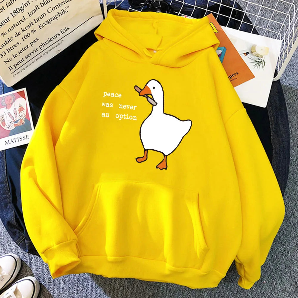 Peace Was Never An Option Goose Printing Mens Hoodies Cute Casual Pullover Creativity Pocket Warm Pullovers Fashion Male Hoody